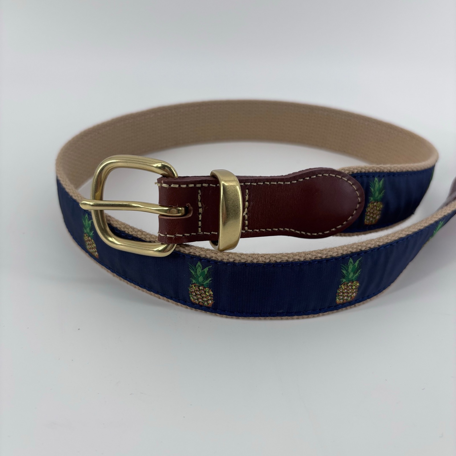 Morris  King Charleston Pineapple Ribbon Canvas Leather Belt Mens 34 Preppy